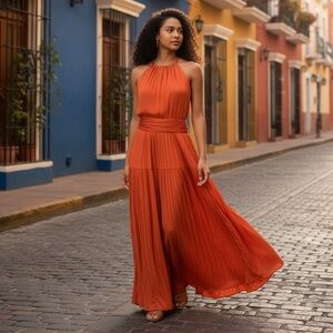 Worthington Vibrant Orange Halter Pleated Maxi Dress Size 10 #Party#Wedding#